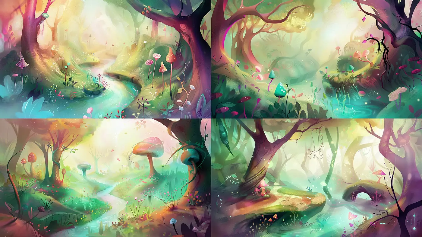 Enchanted Forest Whimsy: A Fairytale Dreamscape in Vivid Hues - Midjourney sref style