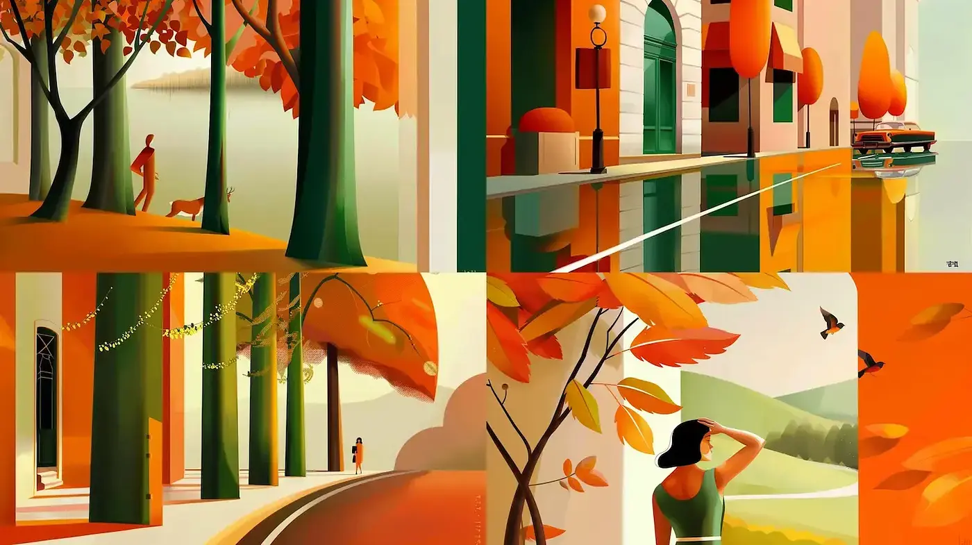 Vibrant Autumnal Scenes with a Modern Touch - Midjourney sref style