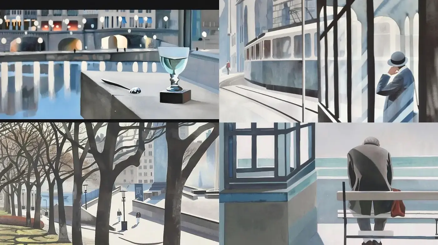 Elegant and serene urban landscapes with retro influences - Midjourney sref style