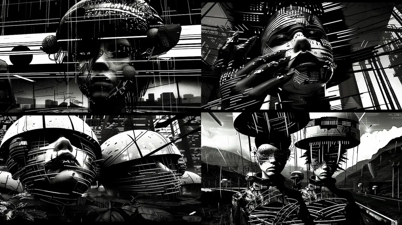 Futuristic and Abstract Cybernetic Aesthetics with Monochromatic Tones - Midjourney sref style