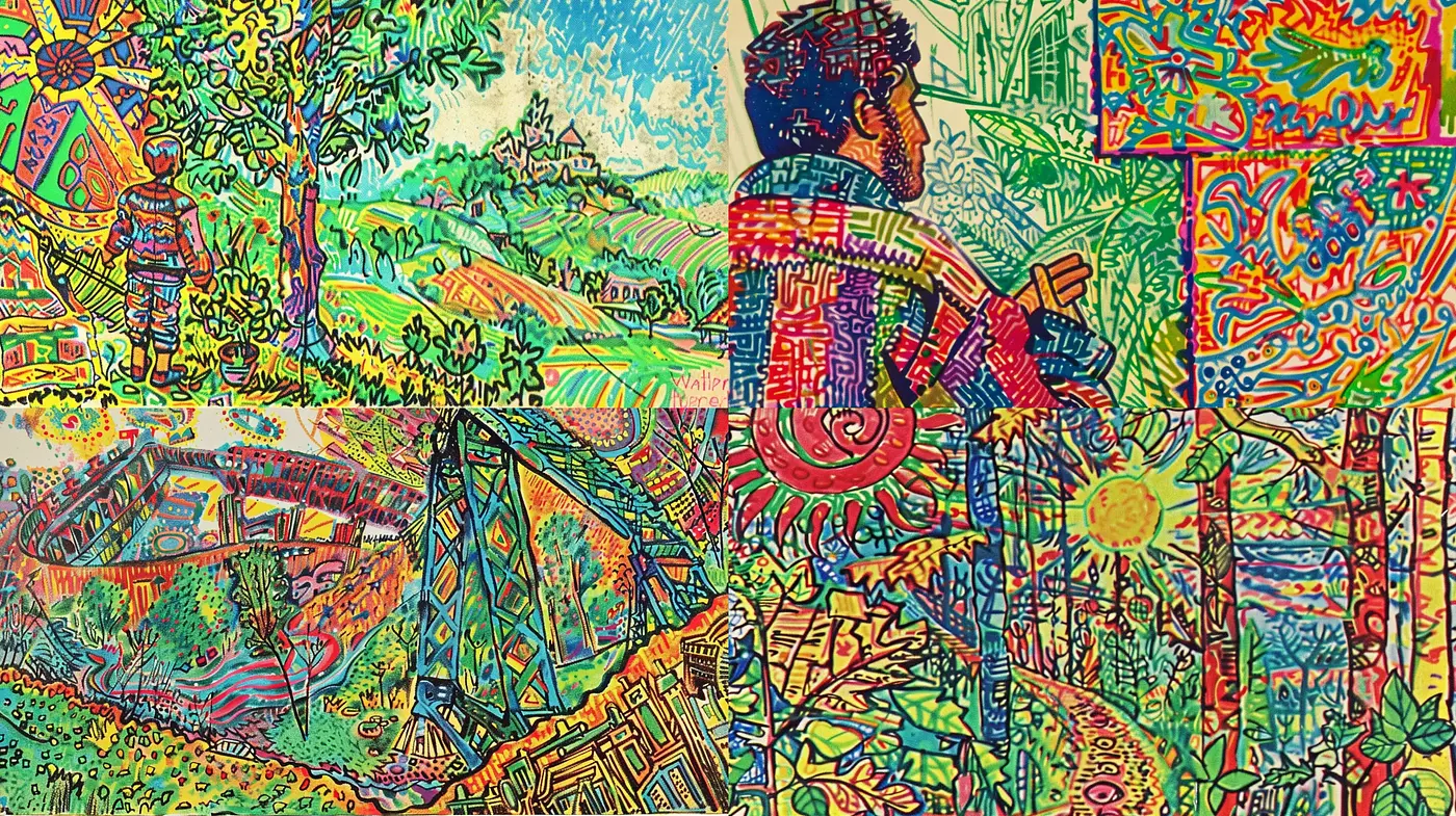 Psychedelic Nature Fusion with Intricate Contour Lines - Midjourney sref style