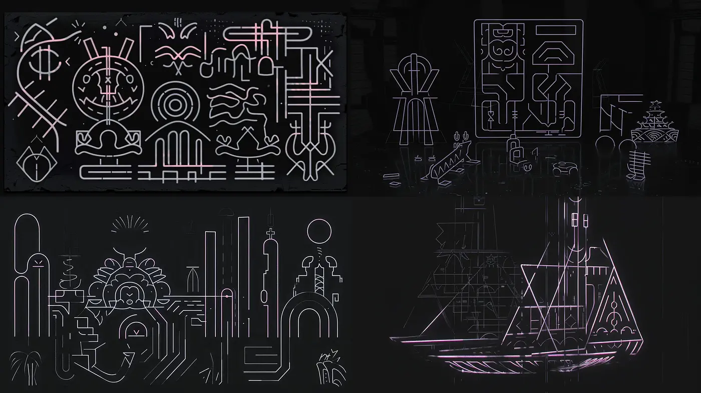Neon Line Art Montage with Futuristic Undertones - Midjourney sref style