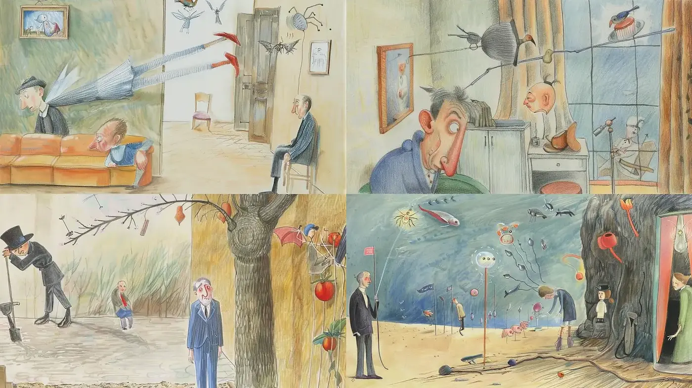 Surreal and Whimsical Illustrations with Subtle Humor and Diverse Textures - Midjourney sref style