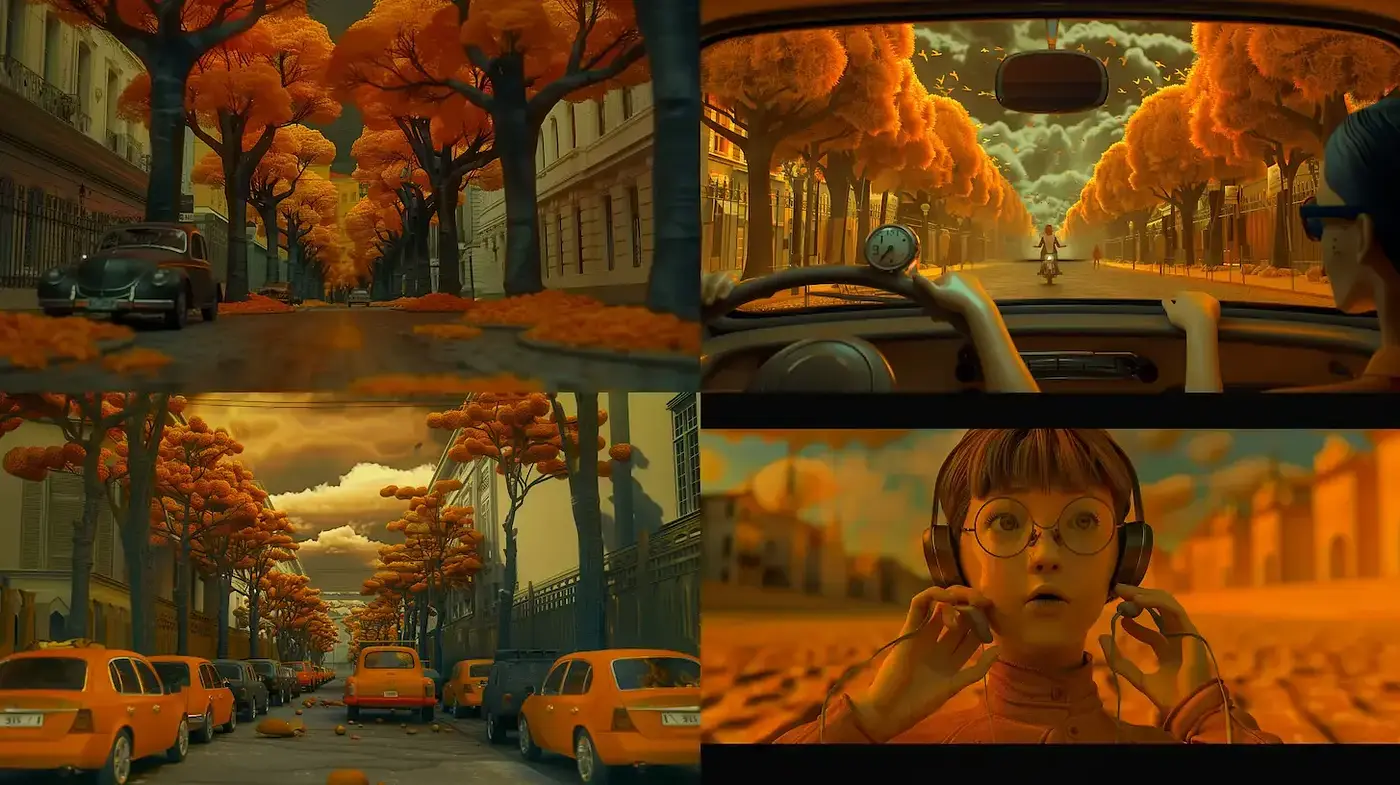 Whimsical Urban Autumn Landscapes with Retro Aesthetics and Vibrant Textures - Midjourney sref style