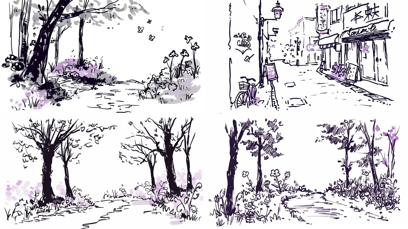 Whimsical Ink Sketches with a Purple Haze - A Consistent Style Journey - Midjourney sref style