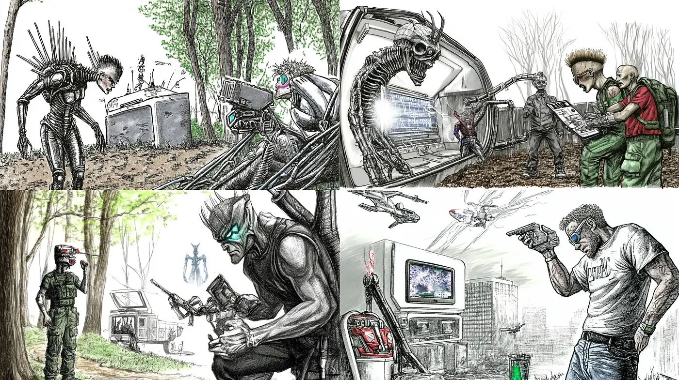 Graphite Sketched Sci-fi Encounters with a Hint of Verdancy - Midjourney sref style