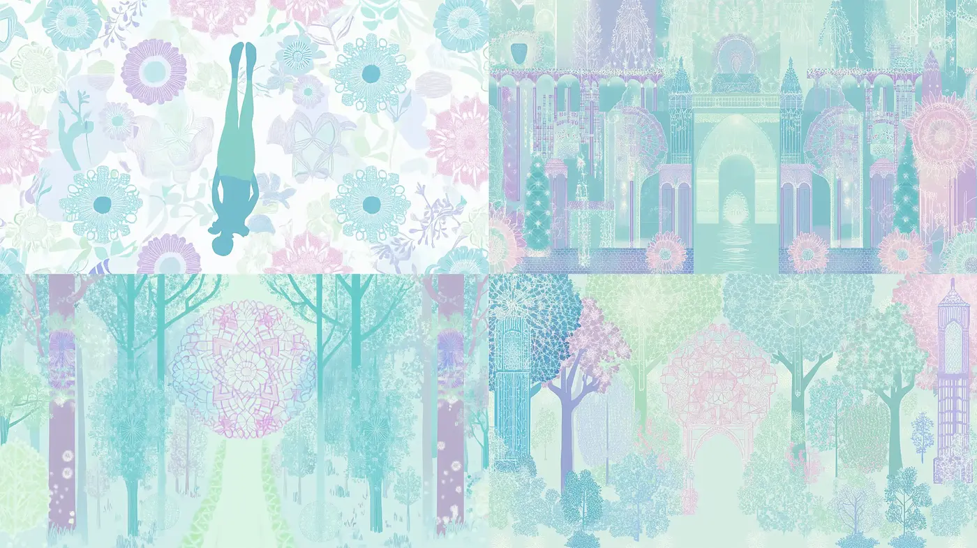 Ethereal Pastel Dreamscape with Intricate Patterns and Harmonious Tones - Midjourney sref style