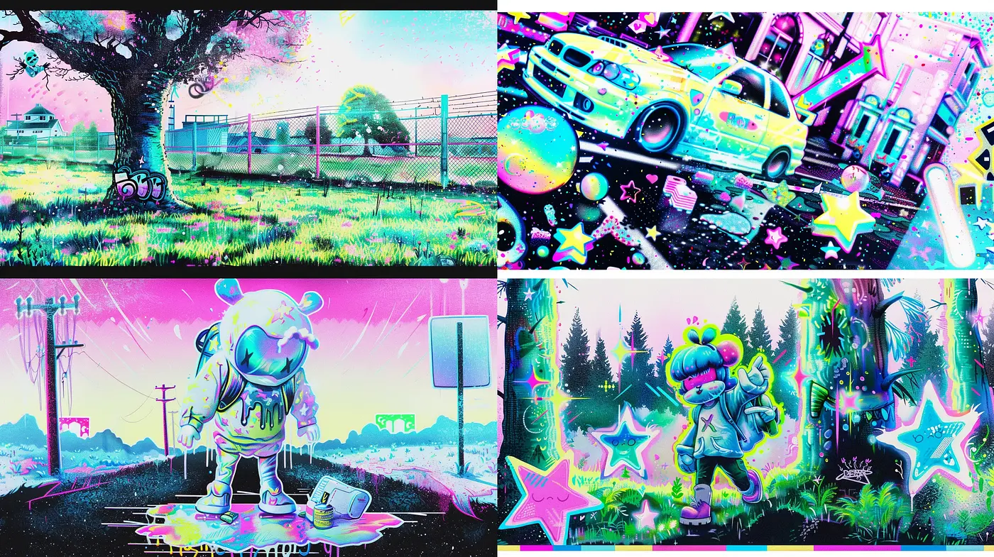 Psychedelic Neon Dreamscape: A Fusion of Surrealism and Vibrant Street Art - Midjourney sref style