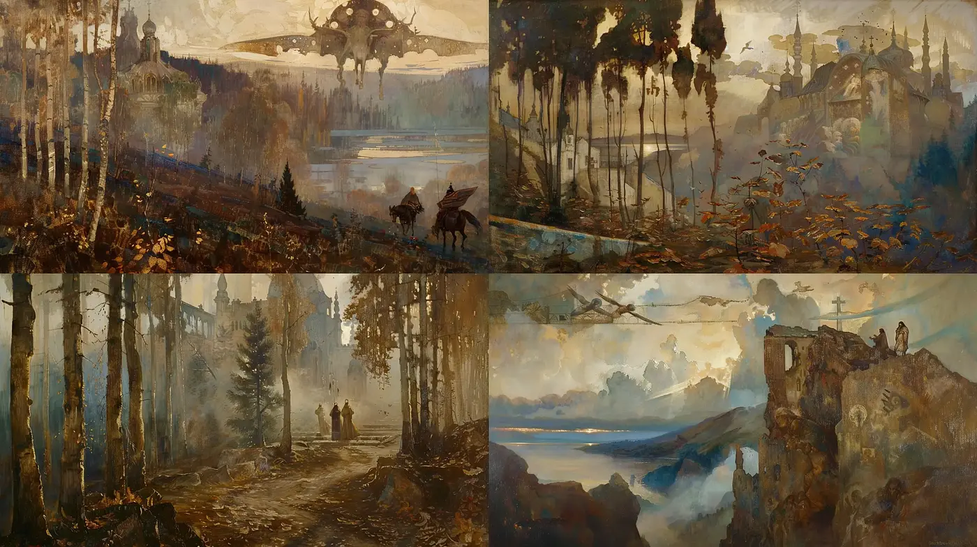 Ethereal Twilight: A Consistent Fusion of Fantasy Art with a Nostalgic Sepia Undertone - Midjourney sref style