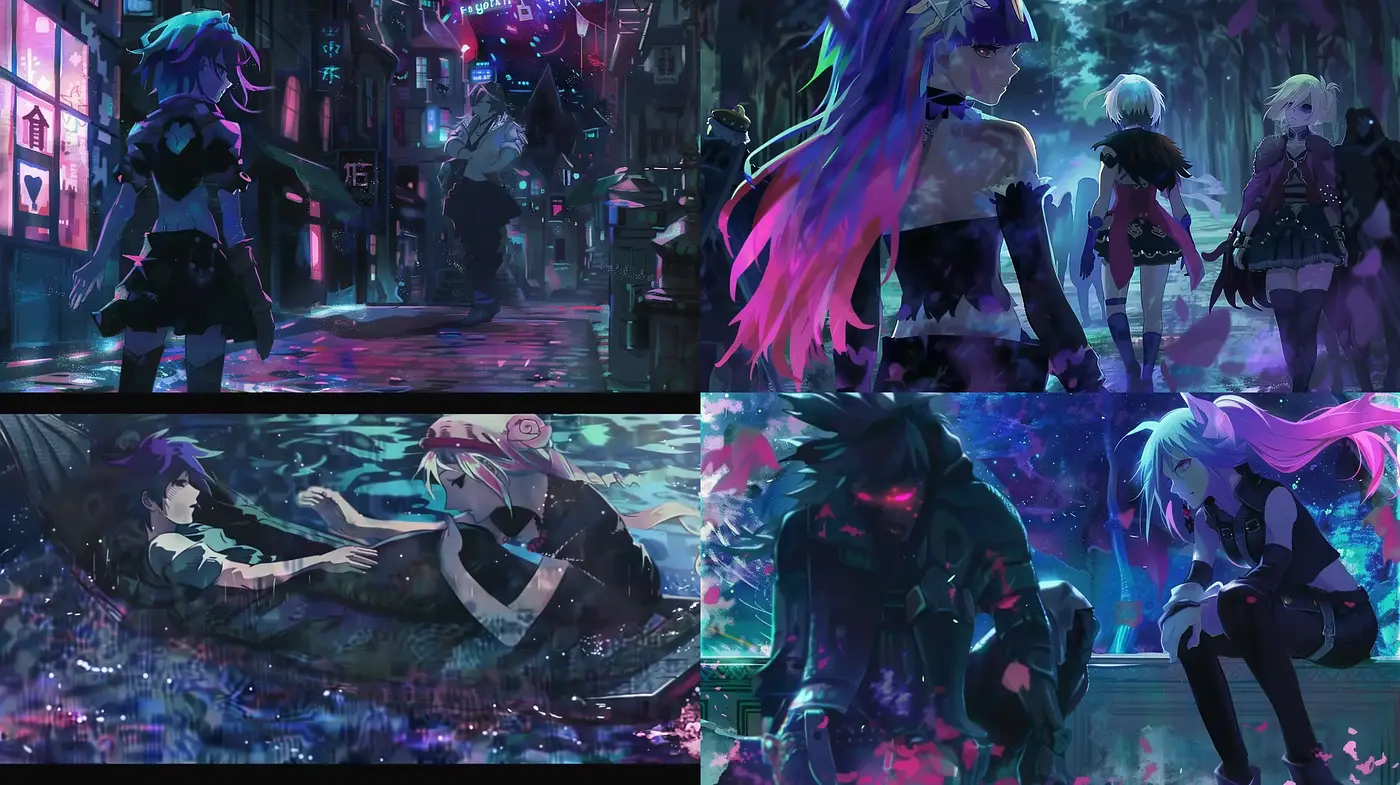 Cyberdream Elegy: Ethereal Anime Nightscapes with Luminous Tones - Midjourney sref style