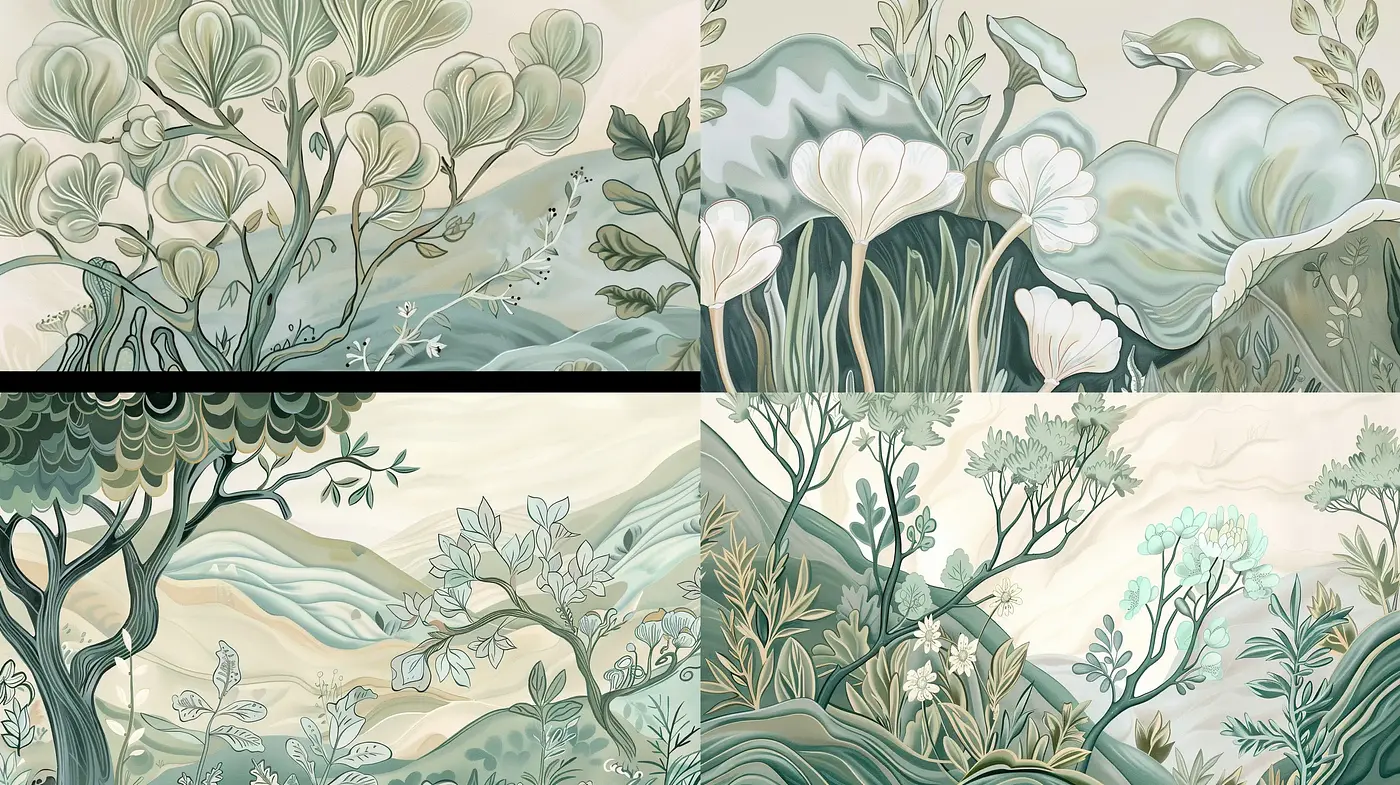 Serene Botanical Tapestry: A Homage to Vintage Wallpaper Design - Midjourney sref style