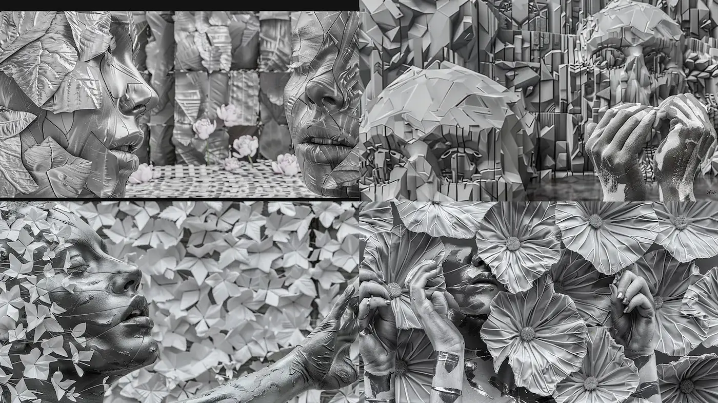 Intricate Monochromatic Textures with Floral and Figurative Elements - Midjourney sref style
