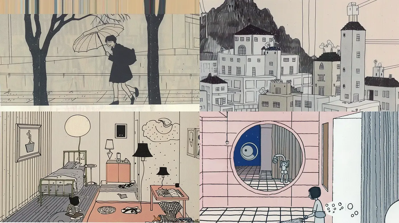 Stylized Monochromatic Storybook Illustrations with Selective Color Highlights - Midjourney sref style