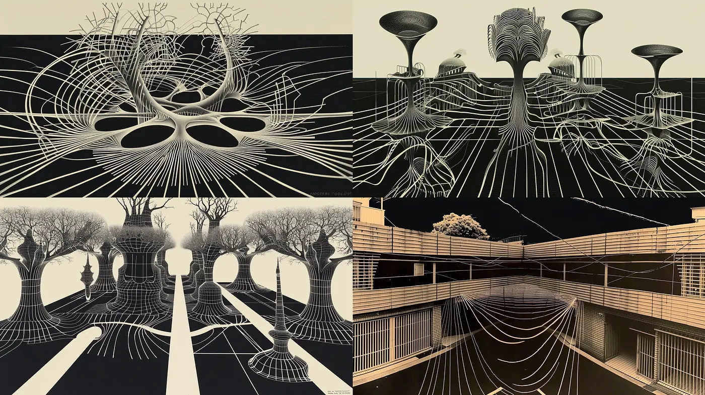 Monochromatic Dreamscapes in Linear Intricacy - Midjourney sref style