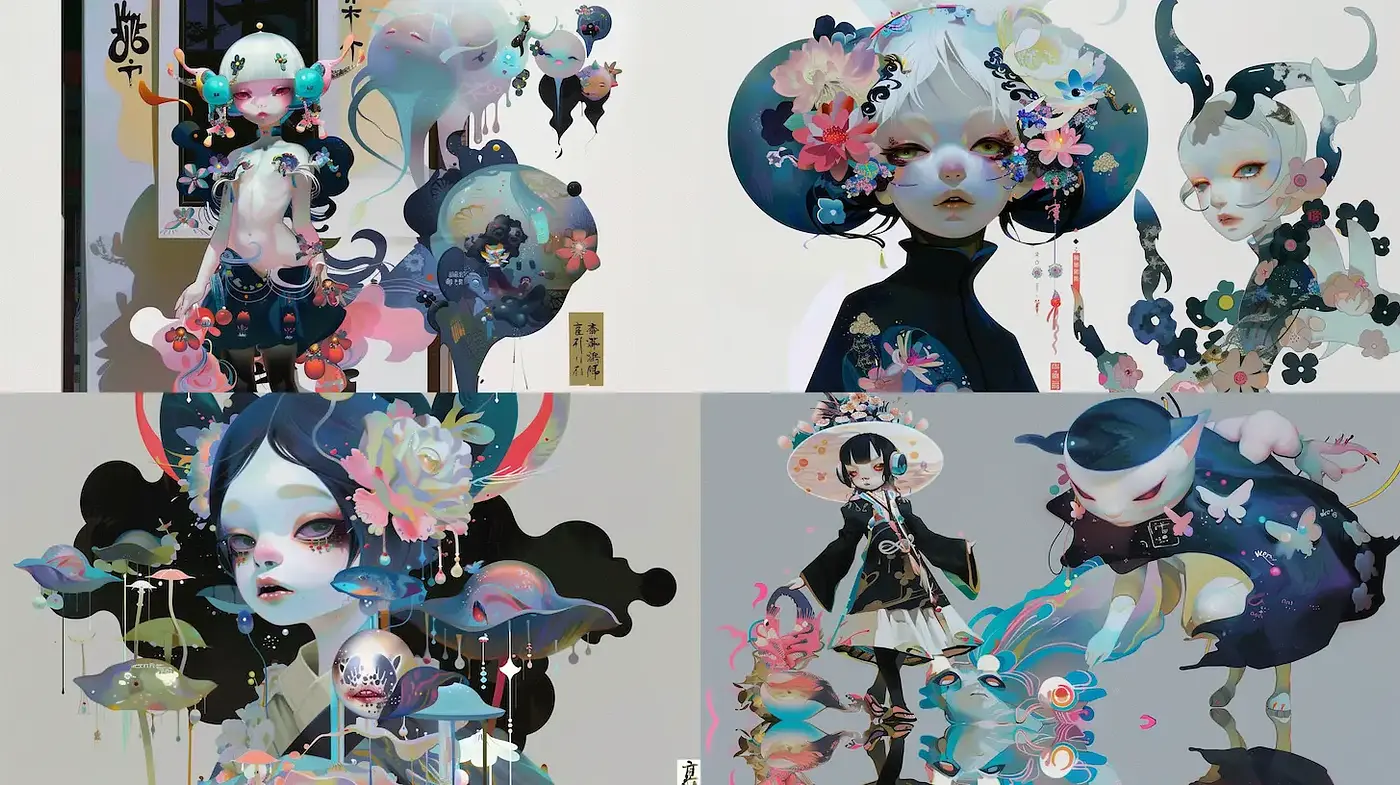 Whimsical Surrealism with Ethereal Elements and Floral Motifs - Midjourney sref style