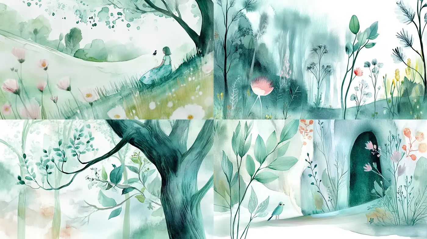 Ethereal Watercolor Botanical Dreamscapes - Midjourney sref style