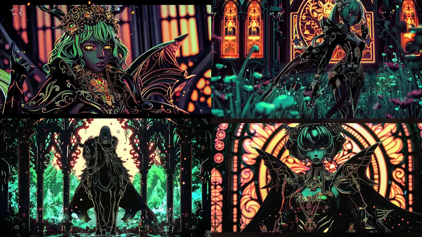 Gothic Fantasy with Neon and Floral Elements - Midjourney sref style