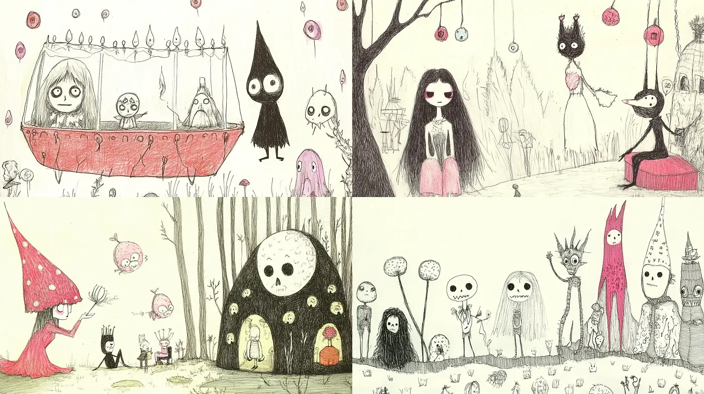 Whimsical Gothic Fantasy in Storybook Illustration - Midjourney sref style