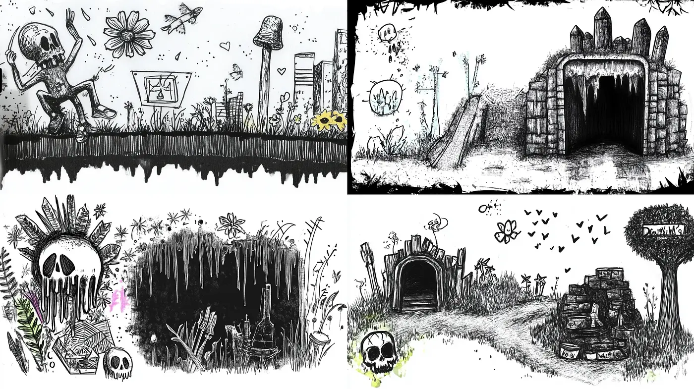 Monochromatic Whimsy: A Sketch-like Exploration of Surreal Landscapes - Midjourney sref style