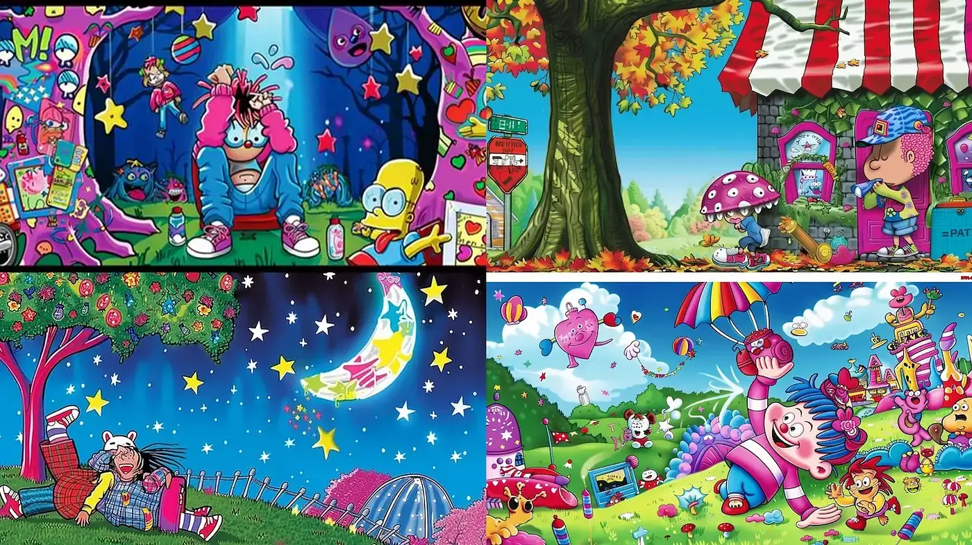 Playful and Colorful Whimsy with a Cartoon-Inspired Aesthetic - Midjourney sref style