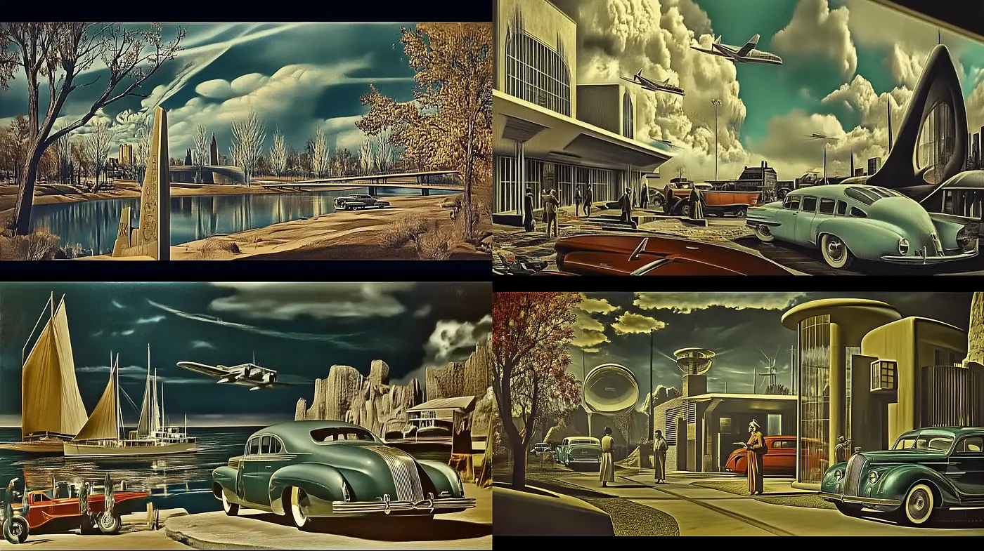 Retro Futuristic Americana with a Nostalgic Sepiatone Essence - Midjourney sref style
