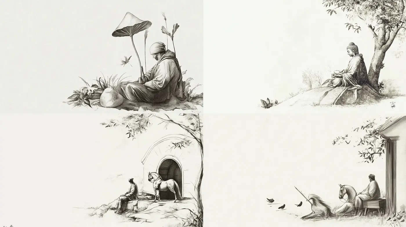 Monochromatic Serenity: Harmonious Ink Wash Tableaus - Midjourney sref style
