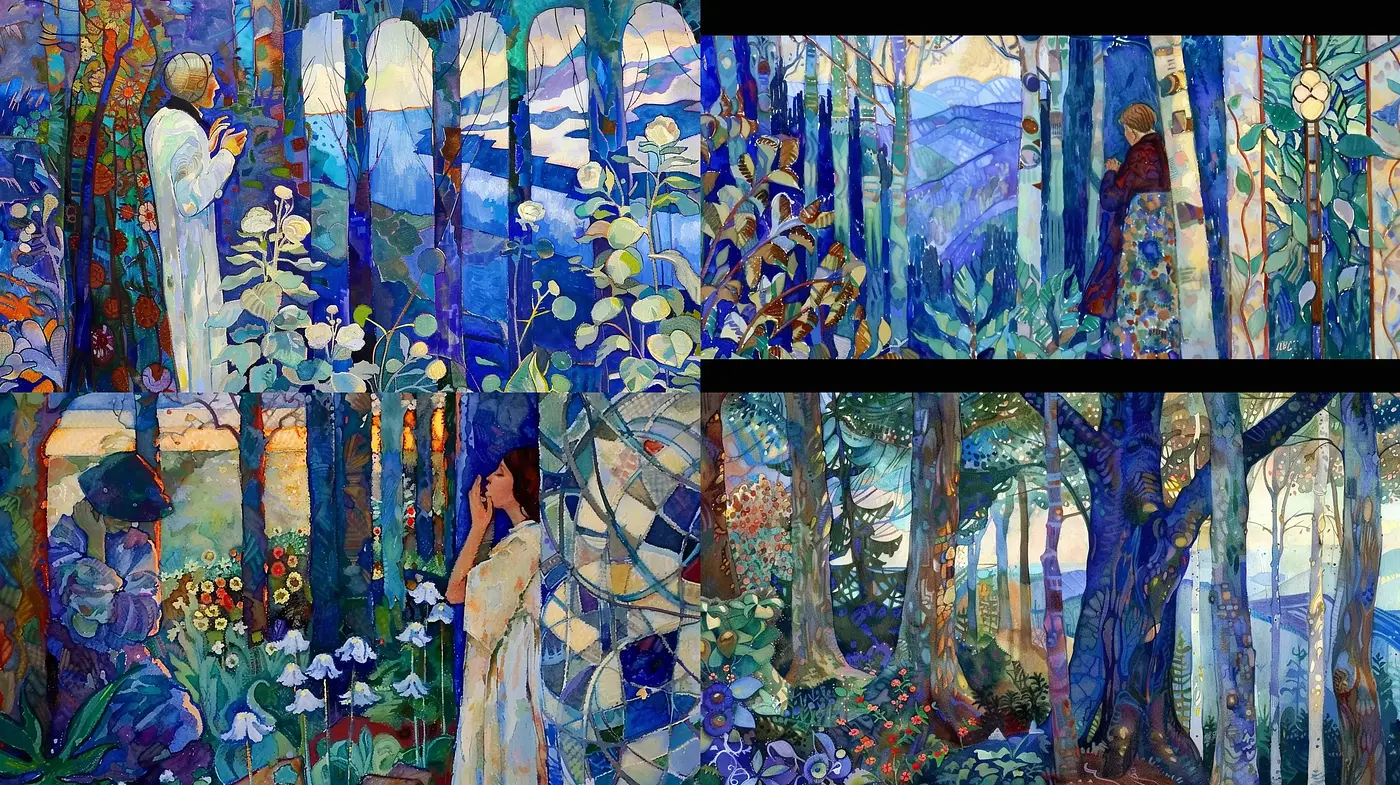 Enchanted Forest of Stylized Dreams: A Cohesive Mosaic of Vivid Hues and Organic Forms - Midjourney sref style