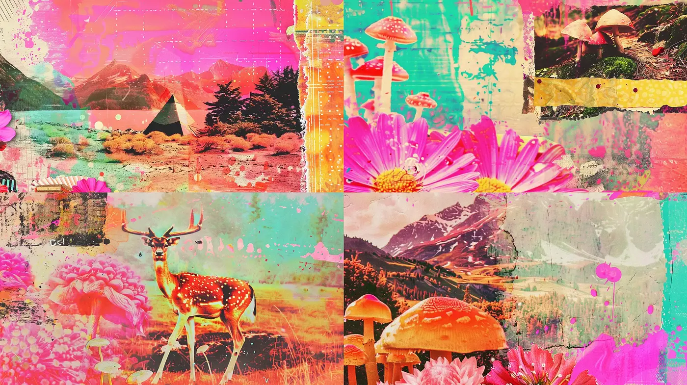Surreal Psychedelic Collage with Textured Nostalgia - Midjourney sref style
