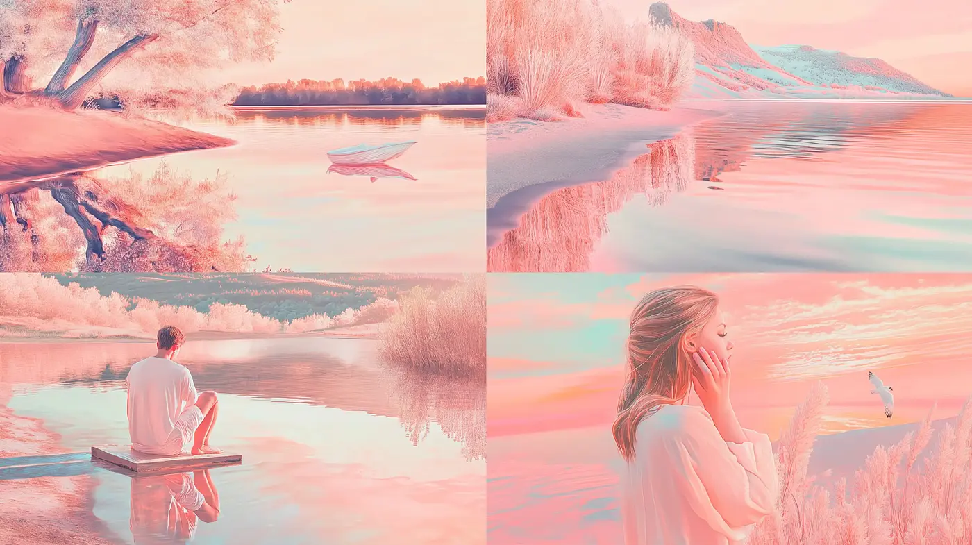 Warm Tonal Serenity: A Harmonious Blend of Roseate Hues and Reflective Tranquility - Midjourney sref style
