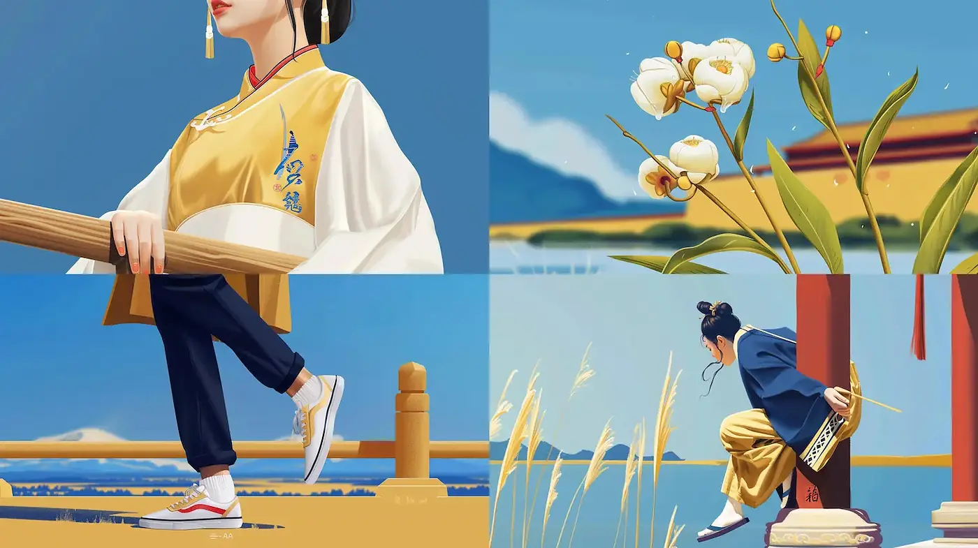 Stylized Illustrations with Retro and Cultural Elements - Midjourney sref style