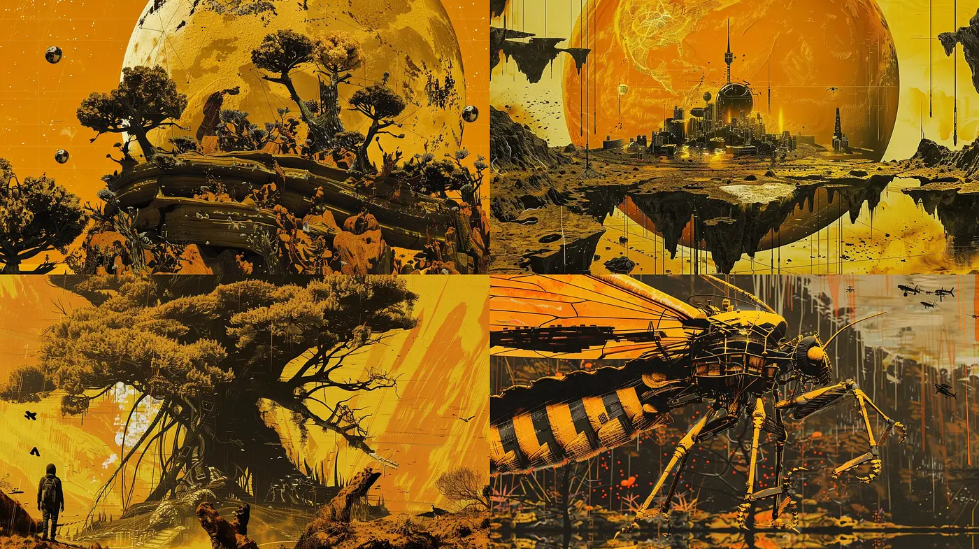 A Surreal Sci-Fi Odyssey in Warm Sepia Tones - Midjourney sref style
