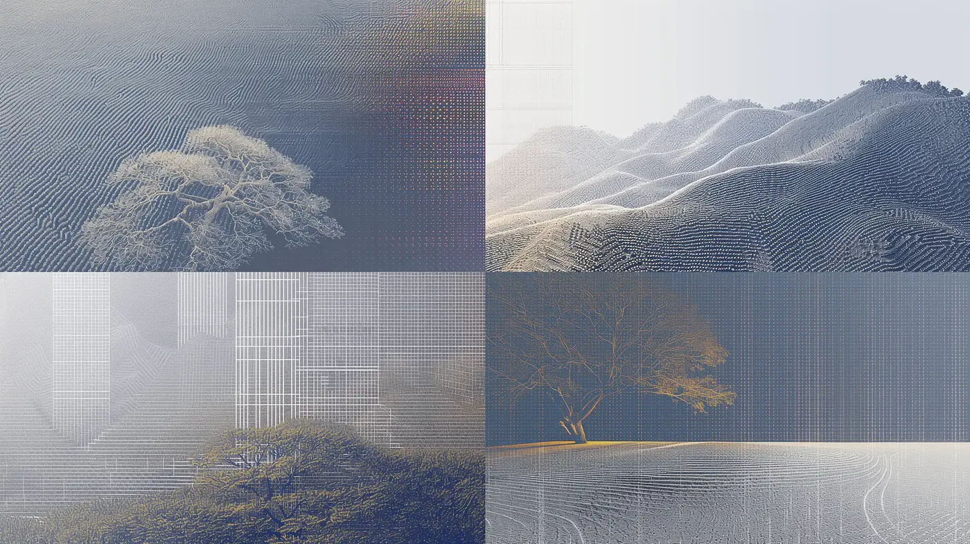 Ethereal Landscapes Infused with Digital Textural Harmony - Midjourney sref style