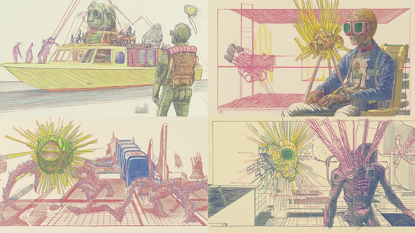 Crosshatched Dystopian Vistas with Surreal Overtones - Midjourney sref style