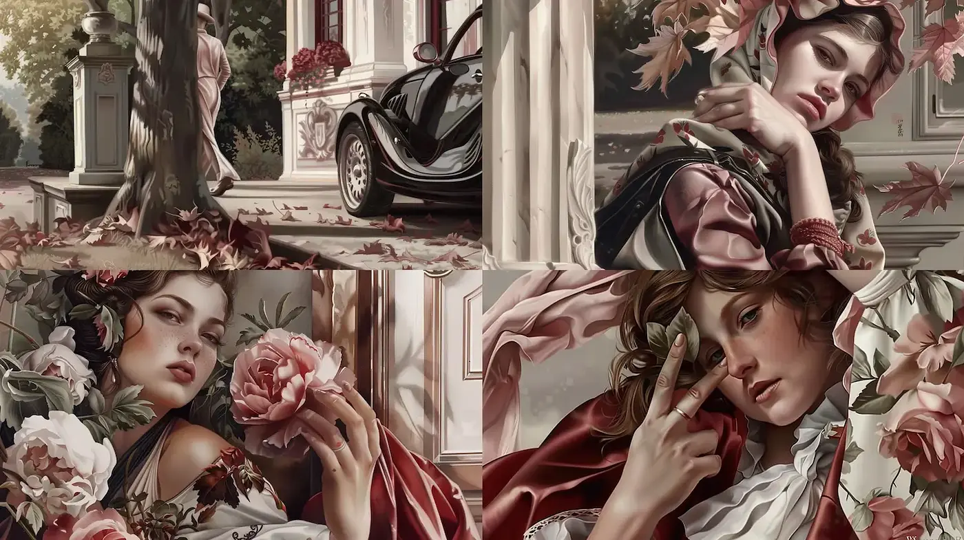 Elegant and Romantic Vintage Portraits with Floral Accents - Midjourney sref style