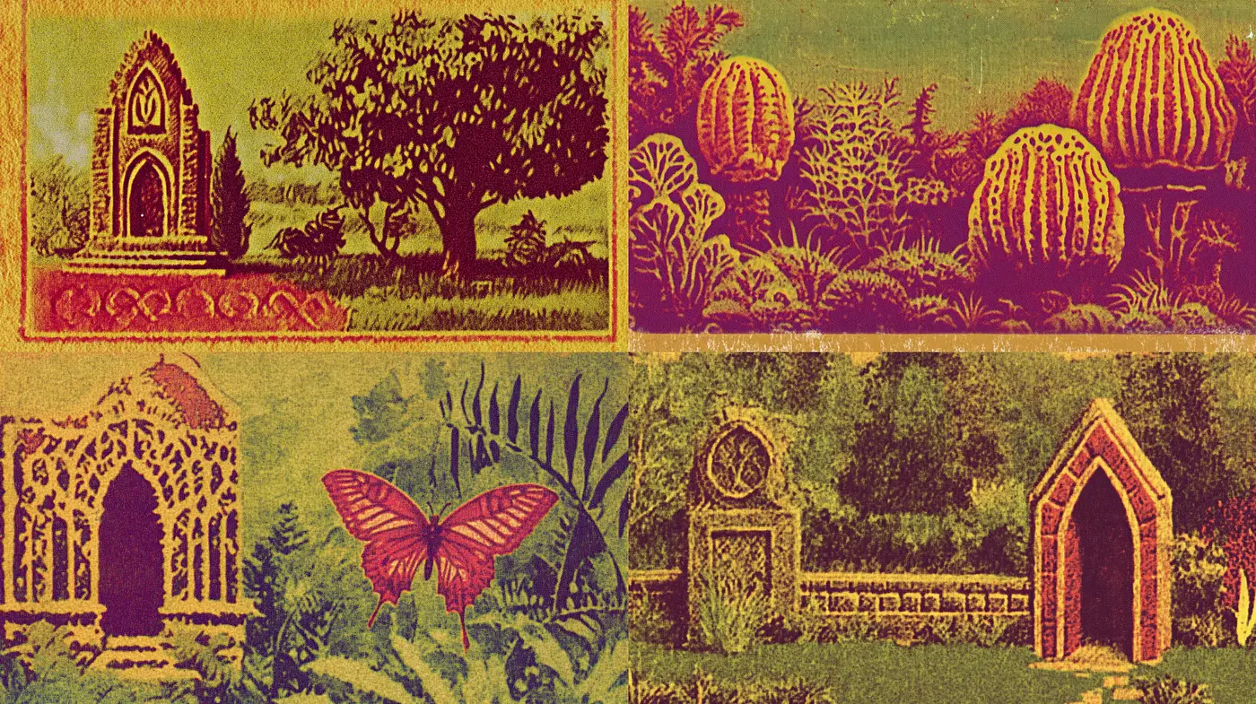 Aged Tapestry Garden Visions: A Consistent Textural Dance in Sepia and Verdigris - Midjourney sref style