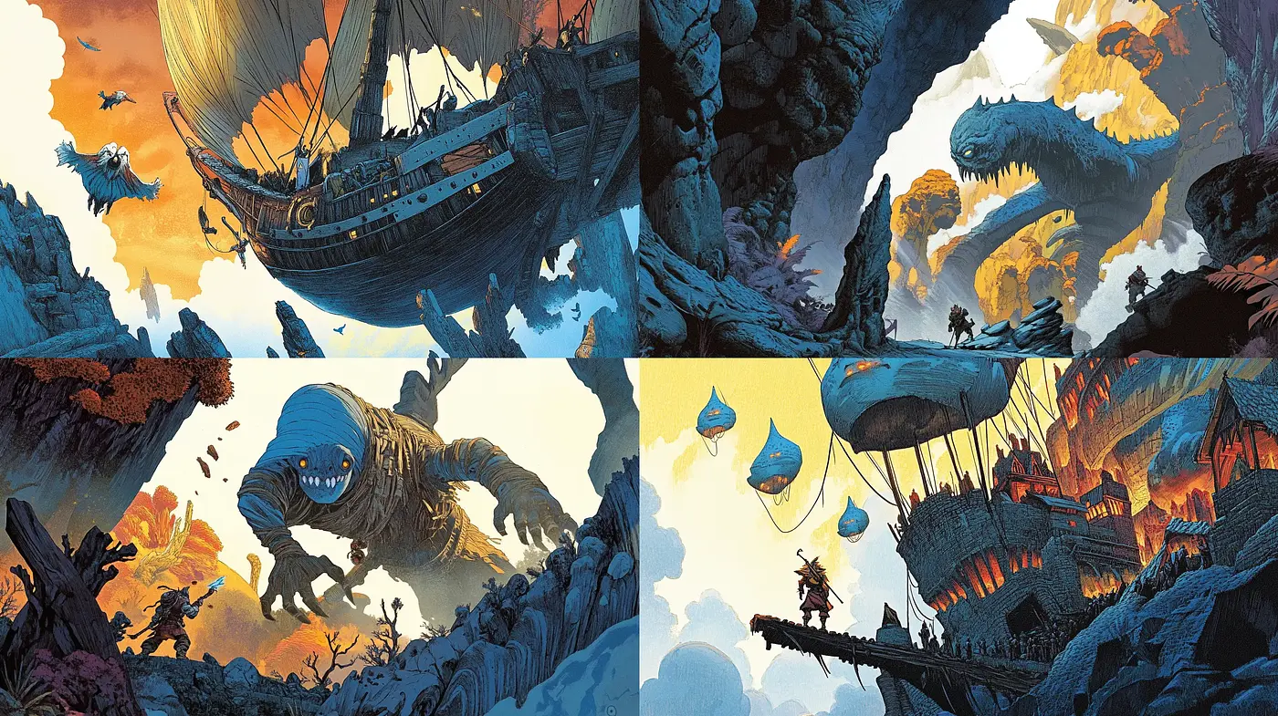 Epic Fantasy Panoramas with Vivid Elements and Dynamic Compositions - Midjourney sref style