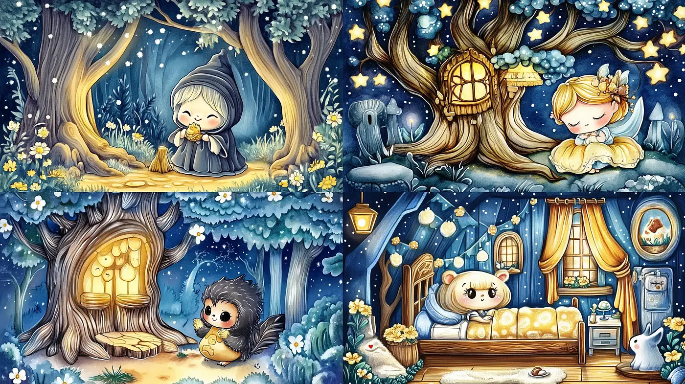 Enchanted Woodland Whimsy: A Dreamlike Fusion of Fairytale Illustration and Starlit Nights - Midjourney sref style