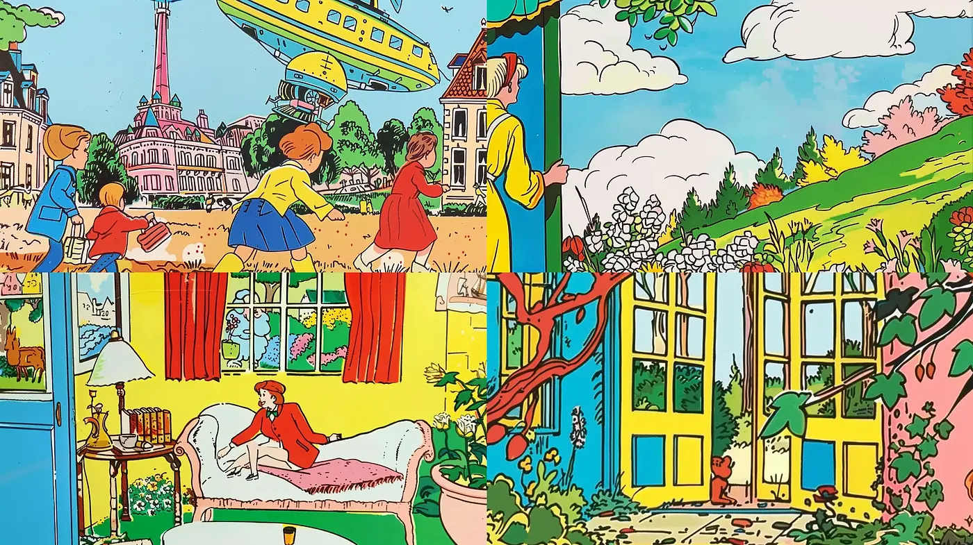 Brightly Colored Nostalgic Storybook Illustration Style - Midjourney sref style