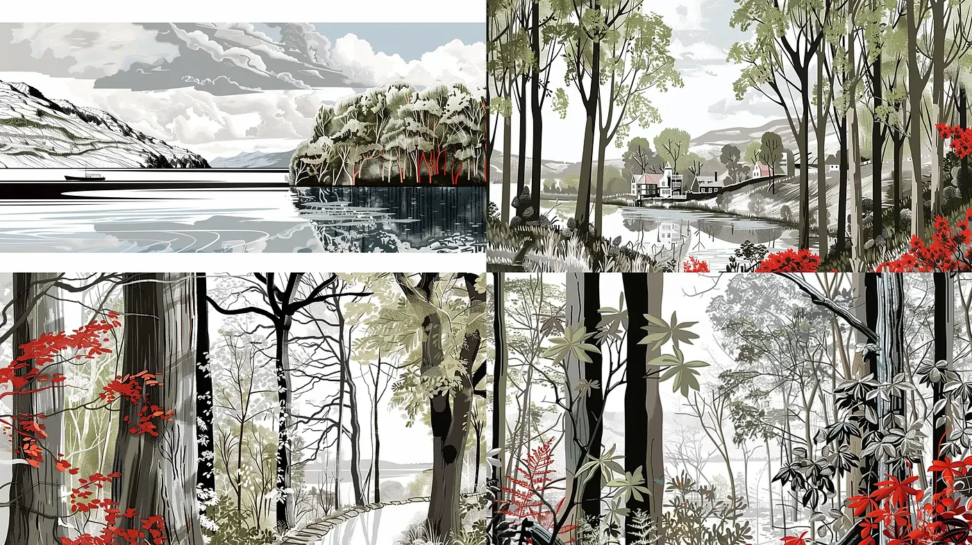 Monochromatic Serenity with Vivid Red Accents - Midjourney sref style