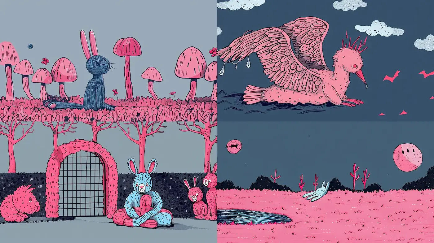 Whimsical, Surrealistic Landscape with Playful Creatures - Midjourney sref style