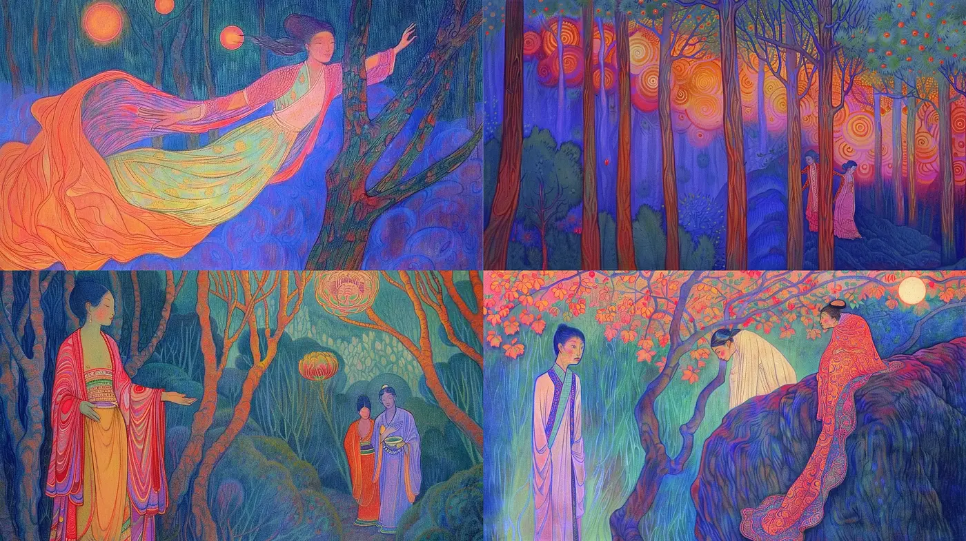 Enchanted Twilight Dreamscape: A Fusion of Art Nouveau and Fantastical Impressionism - Midjourney sref style