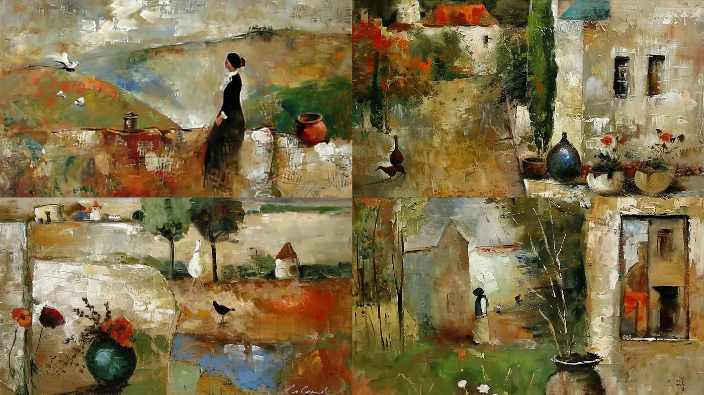 Whimsical Interpretations of Countryside Serenity in Textured Brushwork - Midjourney sref style