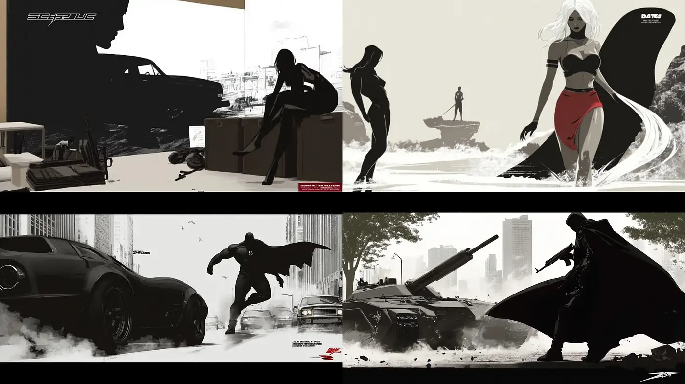 Stylized Noir Dynamism with Silhouette Emphasis and Contrasted Tones - Midjourney sref style