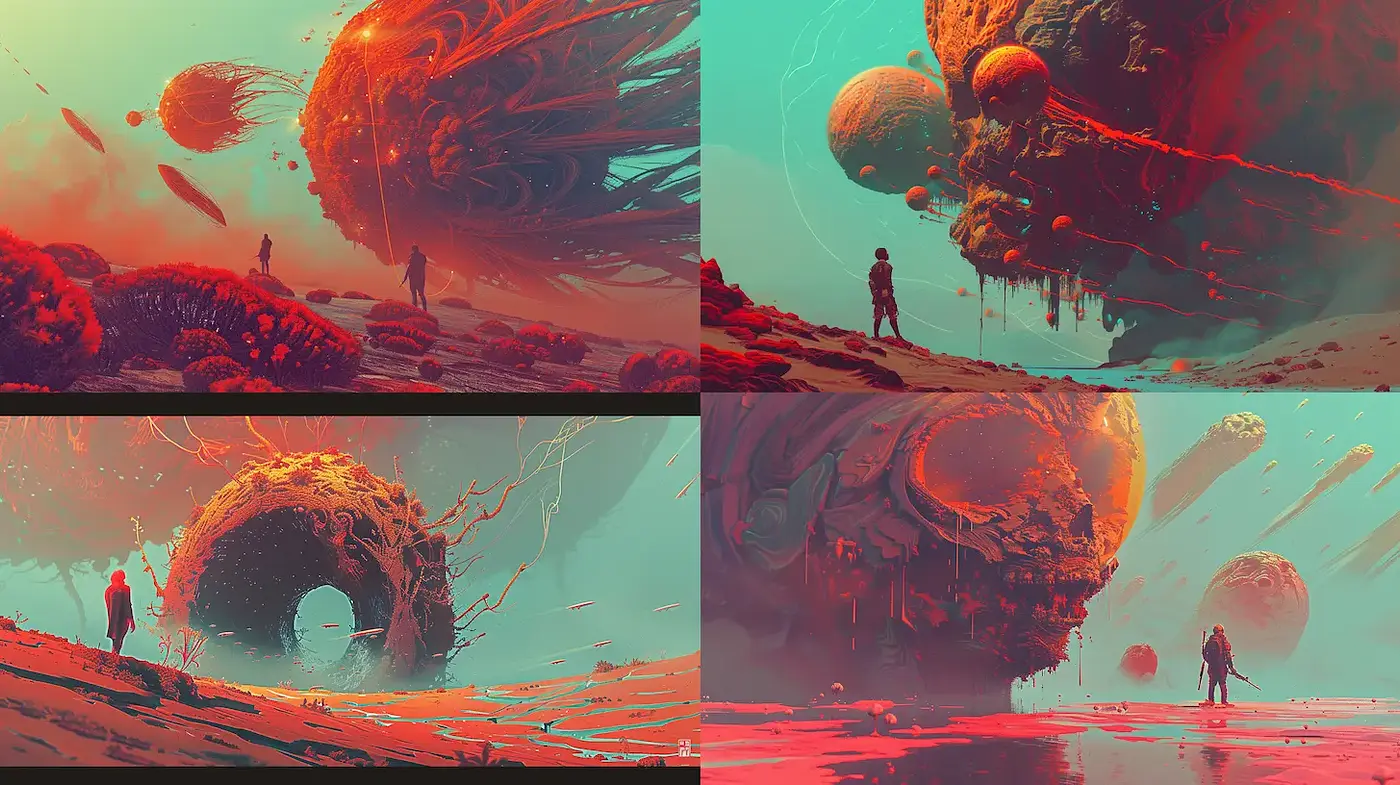 Surreal Sci-Fi Landscape with a Harmonious Thread of Color and Form - Midjourney sref style