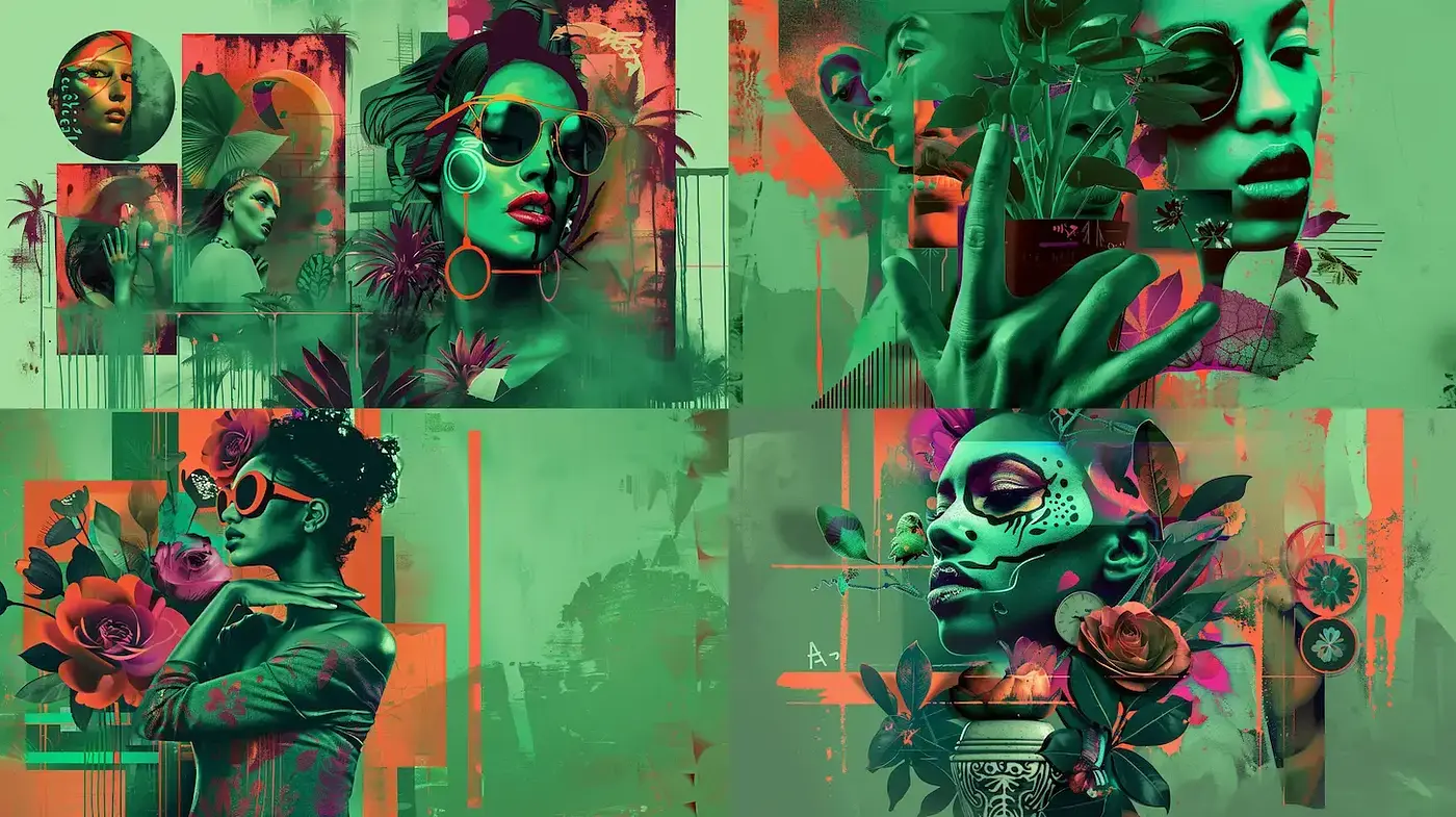 Vibrant, Surrealist Portraits with Floral Elements - Midjourney sref style