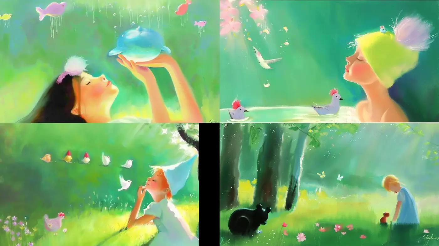 Serene Pastoral Whispers: A Fusion of Impressionist Light and Anime Elegance - Midjourney sref style