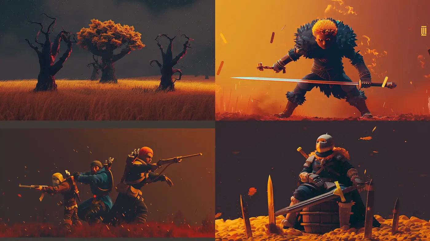 Dusk Ambush: Consistent Warm-Toned Vignettes of Cinematic Conflict - Midjourney sref style