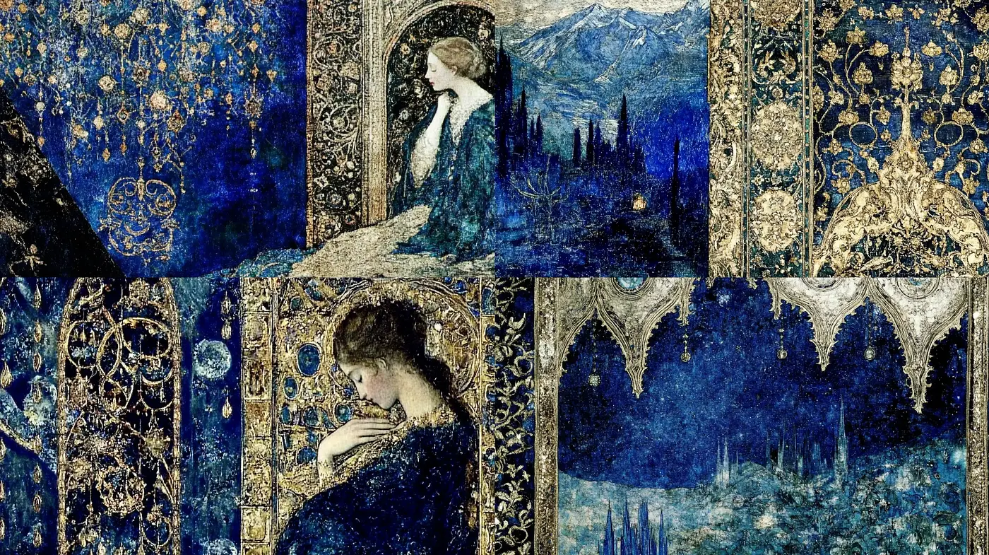 Enigmatic Nocturnal Elegance: An Ode to Luminous Ornamentation and Celestial Mystique - Midjourney sref style