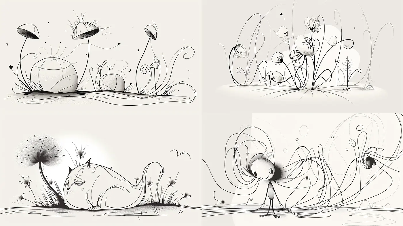 Whimsical Monochrome Vignettes of an Enchanted World - Midjourney sref style