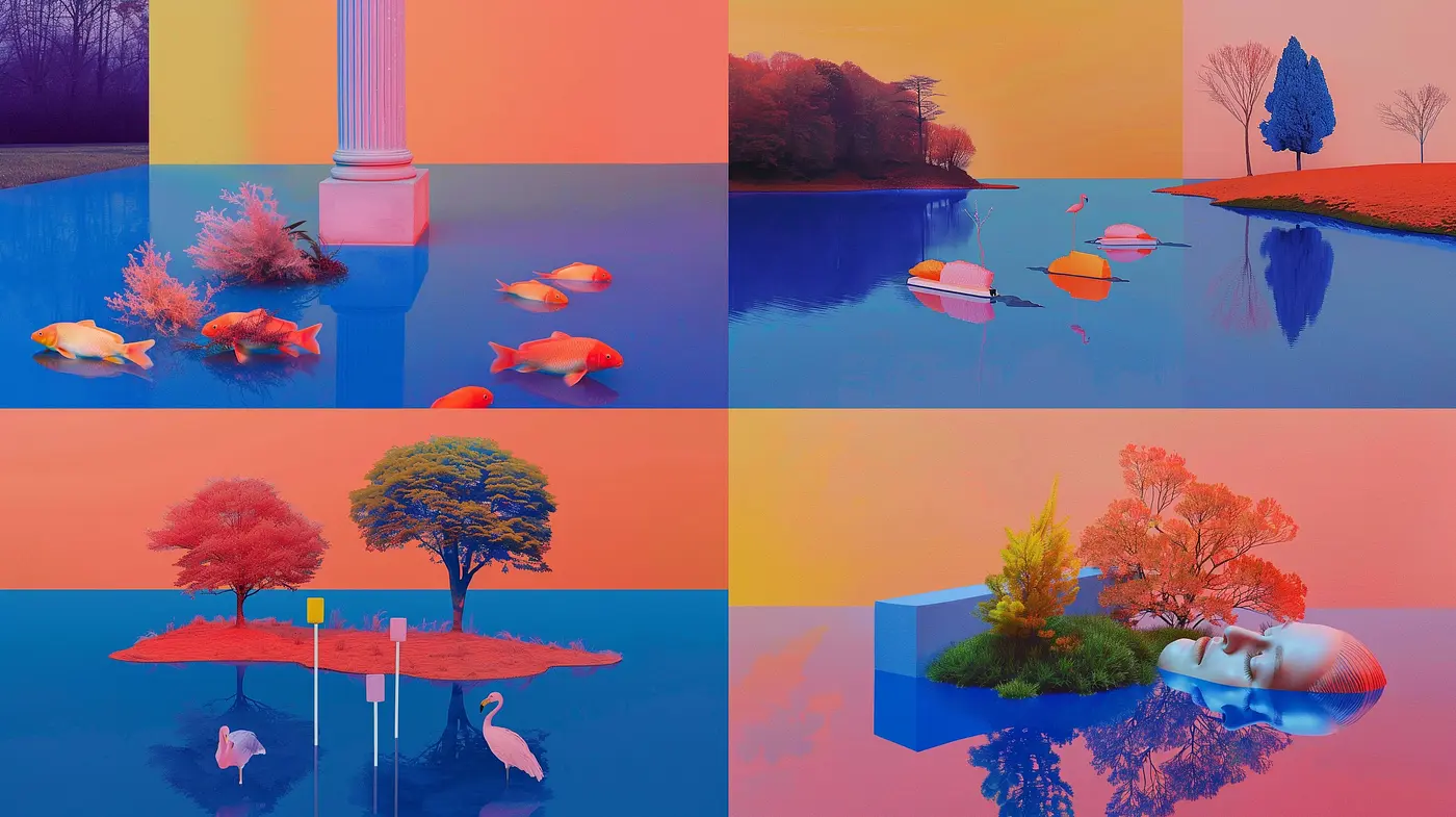 Surreal Dreamscape Fusion with Vivid Color Dichotomy - Midjourney sref style